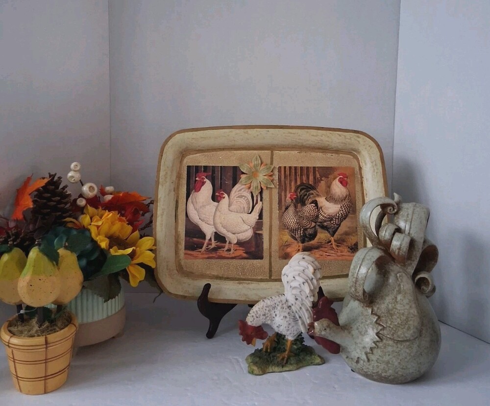 Vtg Farmhouse Rooster Kitchen Decor Lot 3pc Ceramic Figurines Platter Display